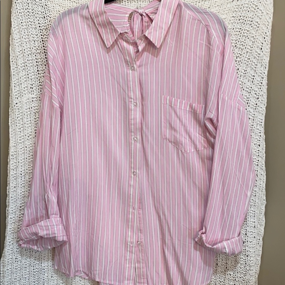 pink and white button down
